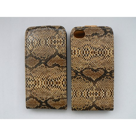 Pochette Iphone 4 en simili-cuir peau de serpent marron  clair+ film protection écran 