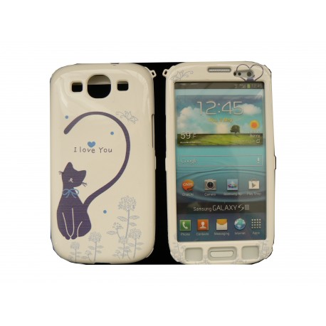 Coque pour Samsung I9300 Galaxy S3 intégrale chat coeur bleu + film protection écran offert