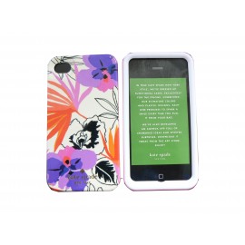 Coque pour Iphone 4 brillante blanche fleurs violettes en 2 parties + film protection écran