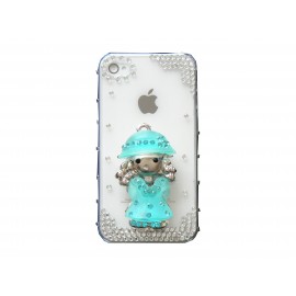Coque brillante motif petite fille bleue strass diamants Iphone 4 + film protection ecran