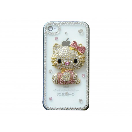 Coque brillante motif chat rose strass diamants pour Iphone 4 + film protection ecran