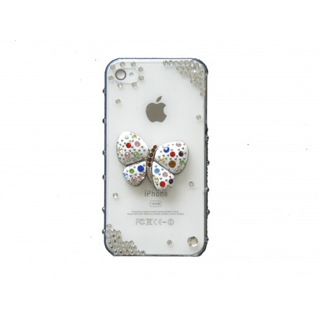 Coque brillante motif papillon strass diamants et couleurs pour Iphone 4 + film protection ecran