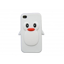Coque pour Iphone 4 en silicone blanche motif pingouin + film protection écran offert
