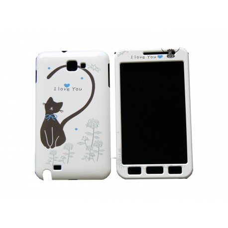 Coque intégrale blanche pour Samsung Galaxy Note I9220/N7000 chat cur bleu + film protection écran offert