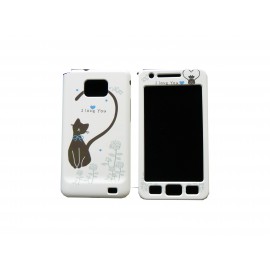 Coque intégrale Samsung pour I9100 Galaxy S2 blanche chat noir cur bleu + film protection écran offert