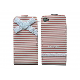 Pochette pour Iphone 4 en simili-cuir blanche à rayures roses  + film protection écran 