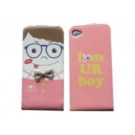 Pochette pour Iphone 4 en simili-cuir rose garçon lunette bleue  + film protection écran 