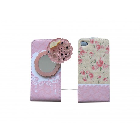 Pochette pour Iphone 4 en simili-cuir rose fleurs et miroir  + film protection écran 