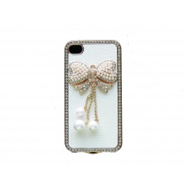 Coque pour Iphone 4 en simili-cuir blanc et papillon perles de culture + film protection écran