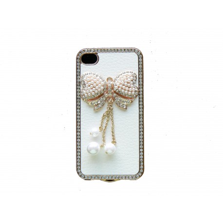 Coque pour Iphone 4 en simili-cuir blanc et papillon perles de culture + film protection écran Coque pour Iphone 4 en simili-cuir blanc et papillon perles de culture + film protection écran