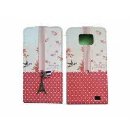 Pochette pour Samsung I9100 Galaxy S2 simili-cuir Tour Eiffel rouge pois blancs+ film protection écran 