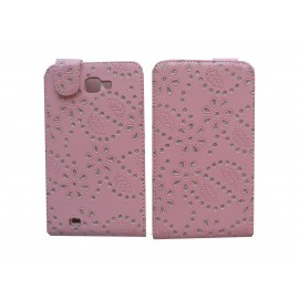 Pochette Etui simili-cuir rose pour Samsung Galaxy Note/I9220 fleurs avec strass + film protectin écran 