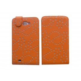 Pochette Etui simili-cuir orange pour Samsung Galaxy Note/I9220 fleurs avec strass + film protectin écran 