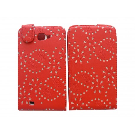 Pochette Etui simili-cuir rouge pour Samsung Galaxy Note/I9220 fleurs avec strass + film protectin écran 