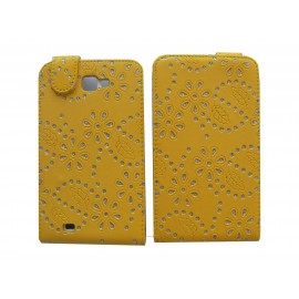 Pochette Etui simili-cuir jaune pour Samsung Galaxy Note/I9220 fleurs avec strass + film protectin écran 