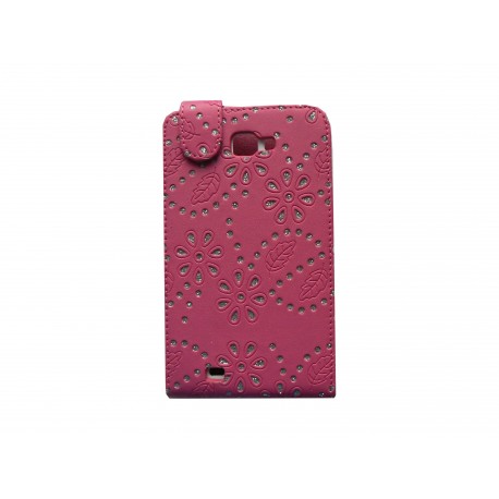 Pochette Etui simili-cuir rose foncé pour Samsung Galaxy Note/I9220 fleurs avec strass + film protectin écran 