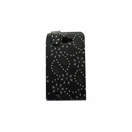 Pochette Etui simili-cuir noir pour Samsung Galaxy Note/I9220 fleurs avec strass + film protectin écran 