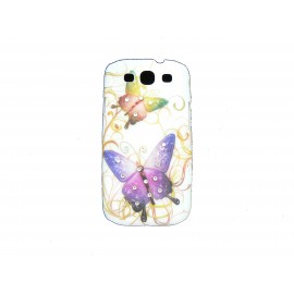 Coque pour Samsung I9300 Galaxy S3 blanche papillon violet strass diamants+ film protection écran offert