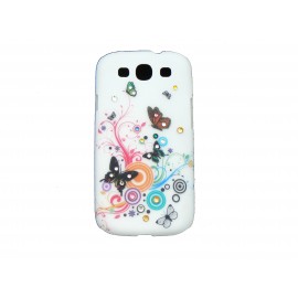 Coque pour Samsung I9300 Galaxy S3 blanche papillons multicolores strass diamants+ film protection écran offert