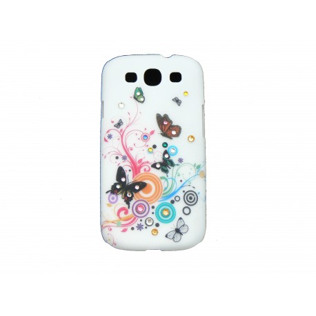 Coque pour Samsung I9300 Galaxy S3 blanche papillons multicolores strass diamants+ film protection écran offert