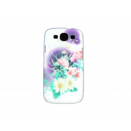 Coque pour Samsung I9300 Galaxy S3 violette fleurs blanches strass diamants+ film protection écran offert