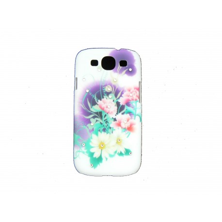 Coque pour Samsung I9300 Galaxy S3 violette fleurs blanches strass diamants+ film protection écran offert