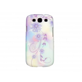 Coque pour Samsung I9300 Galaxy S3 blanche fleurs violettes strass diamants+ film protection écran offert