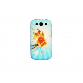 Coque pour Samsung I9300 Galaxy S3 bleue fleurs et étoiles jaunes strass diamants+ film protection écran offert