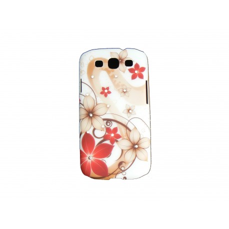 Coque pour Samsung I9300 Galaxy S3 blanche fleurs marrons et rouges strass diamants+ film protection écran offert