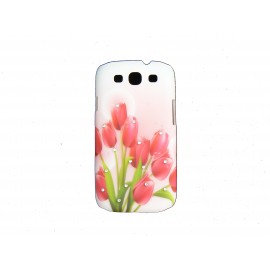 Coque pour Samsung I9300 Galaxy S3 blanche tulipes rouges strass diamants+ film protection écran offert