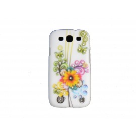 Coque pour Samsung I9300 Galaxy S3 blanche fleurs multicolores strass diamants+ film protection écran offert