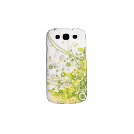 Coque pour Samsung I9300 Galaxy S3 blanche fleurs vertes strass diamants+ film protection écran offert