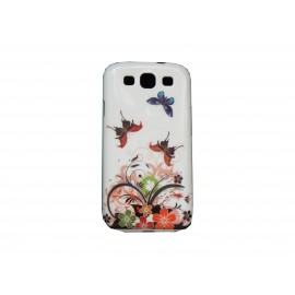 Coque pour Samsung I9300 blanche fleurs et papillons multicolores + film protection écran offert