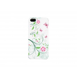 Coque pour Iphone 5 silicone blanche feuilles vertes fleurs roses + film protection écran offert