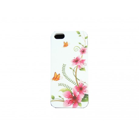 Coque pour Iphone 5 silicone blanche fleurs roses papillons oranges+ film protection écran offert