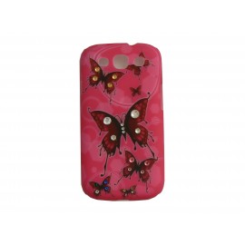 Coque pour Samsung I9300 Galaxy S3 rose papillons rouges strass diamants+ film protection écran offert