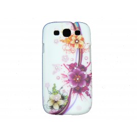 Coque pour Samsung I9300 Galaxy S3 blanche fleurs violettes oranges strass diamants+ film protection écran offert
