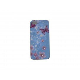 Coque pour Iphone 5 bleue papillons fleurs roses strass diamants + film protection écran offert