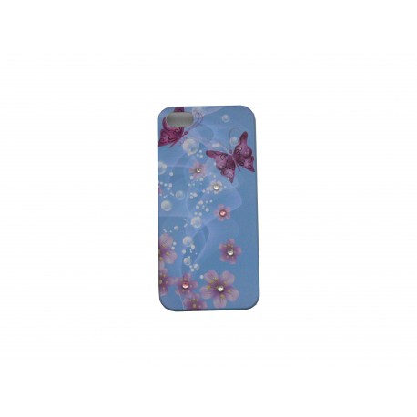 Coque pour Iphone 5 bleue papillons fleurs roses strass diamants + film protection écran offert