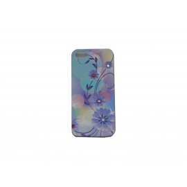 Coque pour Iphone 5 bleue fleurs bleues strass diamants + film protection écran offert