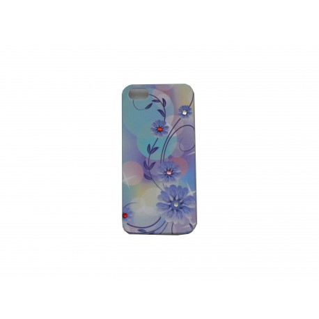 Coque pour Iphone 5 bleue fleurs bleues strass diamants + film protection écran offert