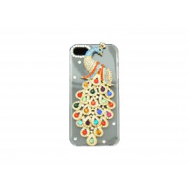 Coque pour Iphone 5 bleue cristal paon strass multicolores + film protection écran offert