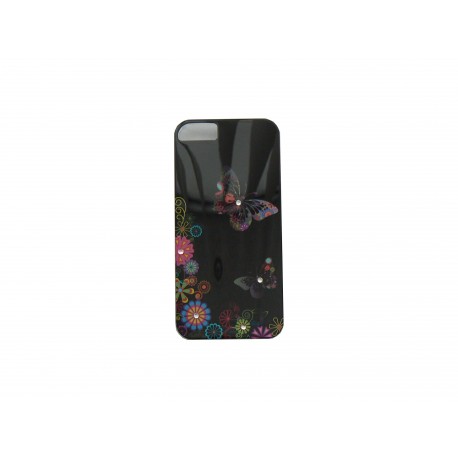 Coque pour Iphone 5 noire papillons multicolores et strass diamants+ film protection écran offert