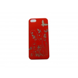 Coque pour Iphone 5 rouge papillons argents + film protection écran offert