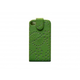 Pochette pour Iphone 4S en simili-cuir verte fleurs et strass diamants + film protection écran