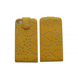Pochette pour Iphone 4S en simili-cuir jaune fleurs et strass diamants + film protection écran