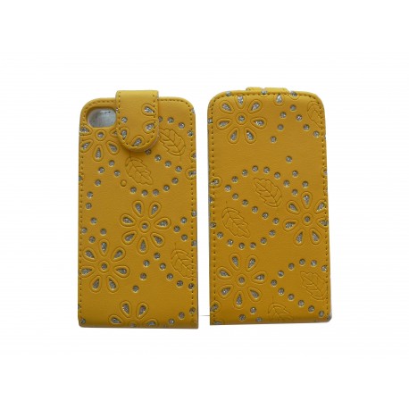 Pochette pour Iphone 4S en simili-cuir jaune fleurs et strass diamants + film protection écran