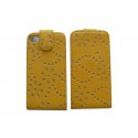 Pochette pour Iphone 4S en simili-cuir jaune fleurs et strass diamants + film protection écran