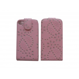 Pochette pour Iphone 4S en simili-cuir rose clair fleurs et strass diamants + film protection écran