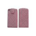 Pochette pour Iphone 4S en simili-cuir rose clair fleurs et strass diamants + film protection écran